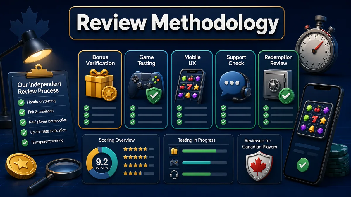 Sweepstakes casino review methodology showing bonus value games redemption mobile and support checks