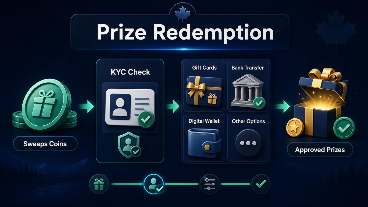 Canadian sweepstakes casino prize redemption methods including gift cards and bank transfer